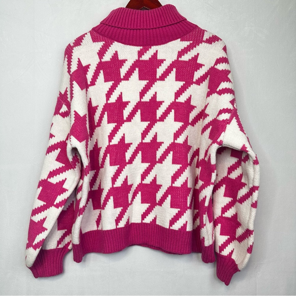 Adika Houndstooth Pink Sweater Preppy Colorful Turtleneck Barbiecore Top Retro
